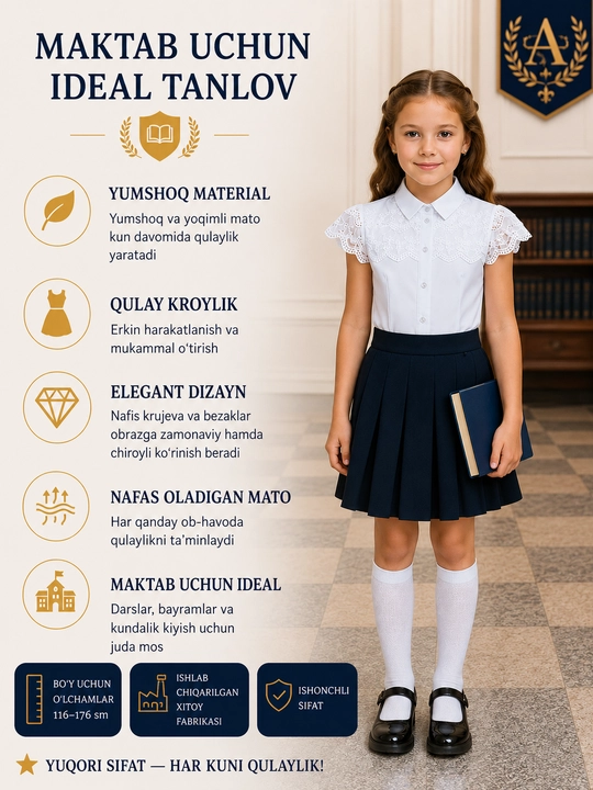 Qizlar uchun uzun va kalta yengli maktab bluzkalari, 26 tur - 