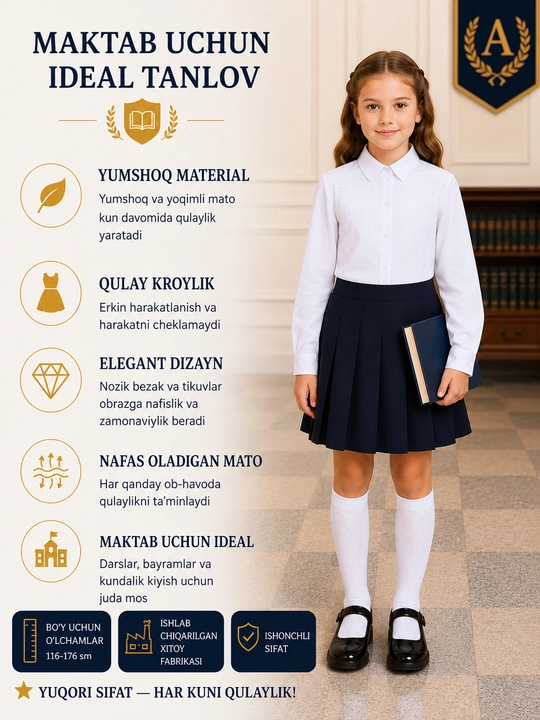 Qizlar uchun uzun va kalta yengli maktab bluzkalari, 26 tur - 