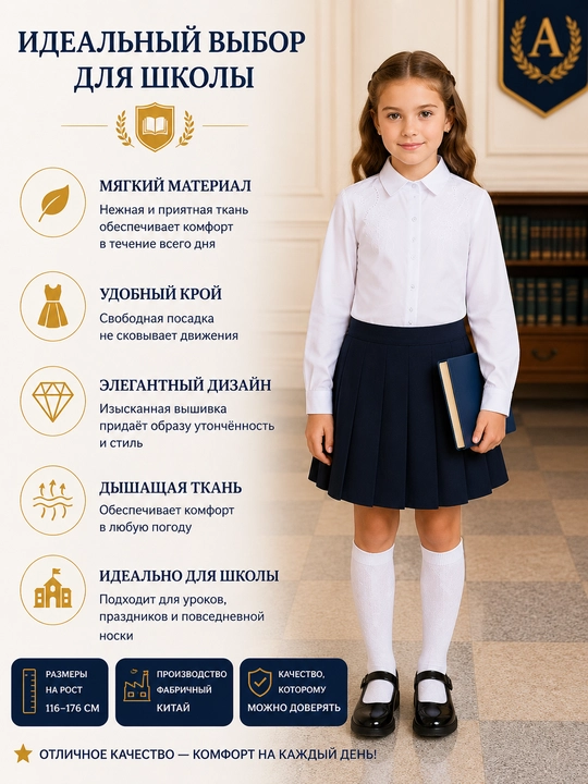 Qizlar uchun uzun va kalta yengli maktab bluzkalari, 26 tur
