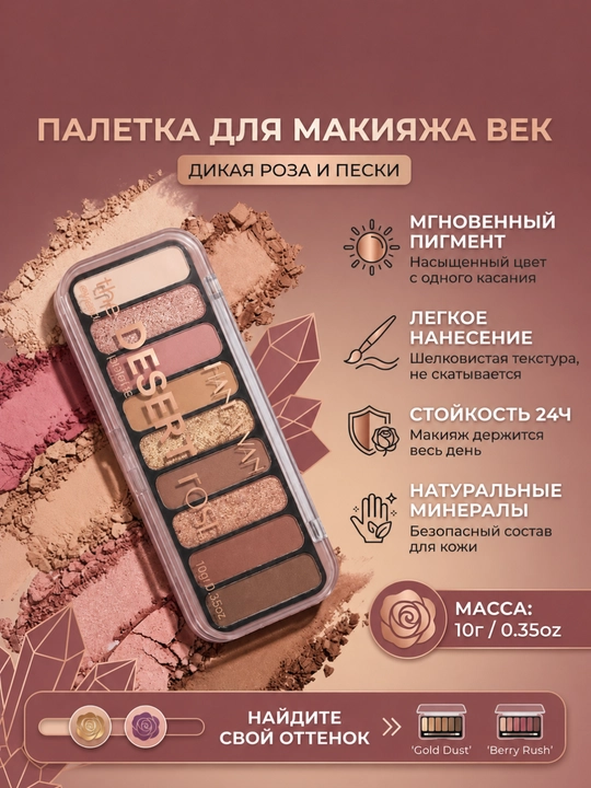 Палетка теней для век HANDAIYAN Desert Rose, 9 цветов матовых и шиммерных теней для глаз