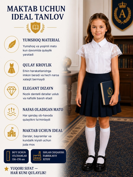 Qizlar uchun uzun va kalta yengli maktab bluzkalari, 26 tur - 