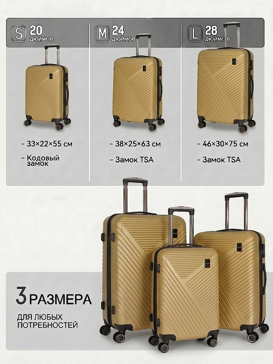 Sayohat chamadoni S M L, kodli qulfli, ABS-plastikdan tayyorlangan  360° g‘ildirakli