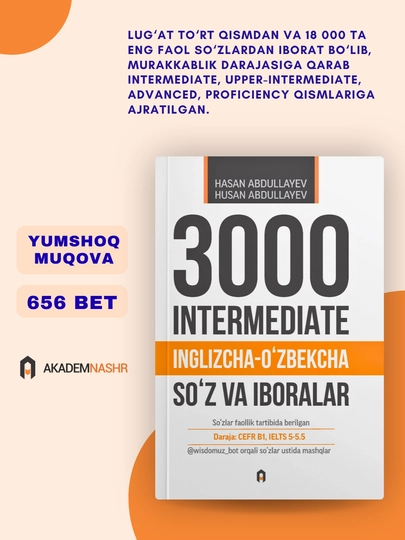 3000, intermediate, inglizcha-o‘zbekcha lug‘at, Akademnashr - 
