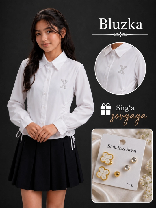 Qizlar uchun maktab ko‘ylagi, oq bluzka, maktab formasi, yengil va qulay - 