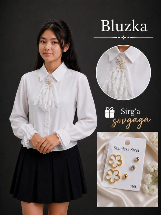 Qizlar uchun maktab ko‘ylagi, oq bluzka, maktab formasi, yengil va qulay - 