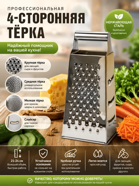 Tерка для овощей и фруктов 6 и 4-сторонняя, из нержавеющей стали