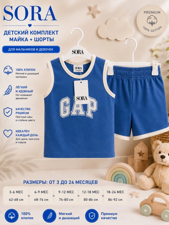 Детский комплект из майки с шортиками, ткань 100% хлопок - 
