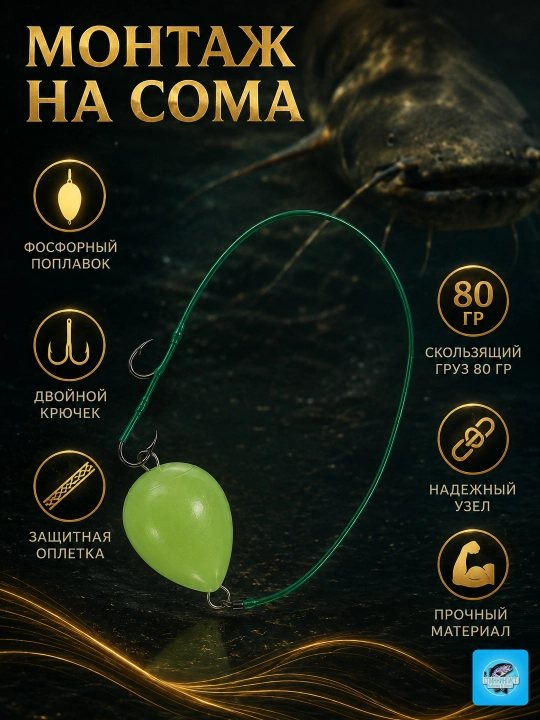Готовый монтаж на сома с подводным поплавком. Оснастка для трофейной рыбалки (2 крючка) - 