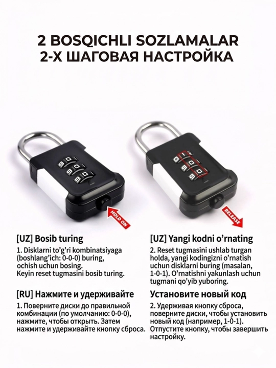 Parolli metall qulf (kalitsiz), kodli qulf (3 xonali)