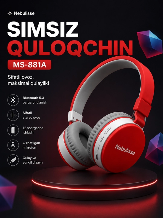 Simsiz quloqchin, naushnik MS-881A Bluetooth 5.3, TF karta, FM radio, mikrofonli