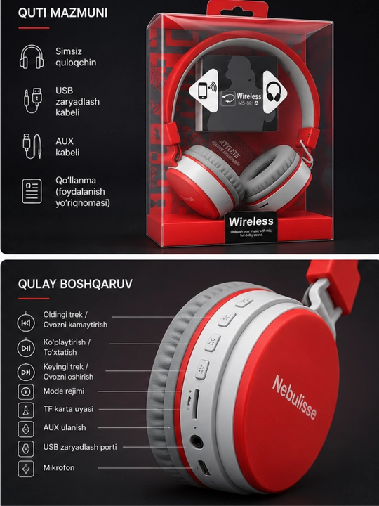 Simsiz quloqchin, naushnik MS-881A Bluetooth 5.3, TF karta, FM radio, mikrofonli