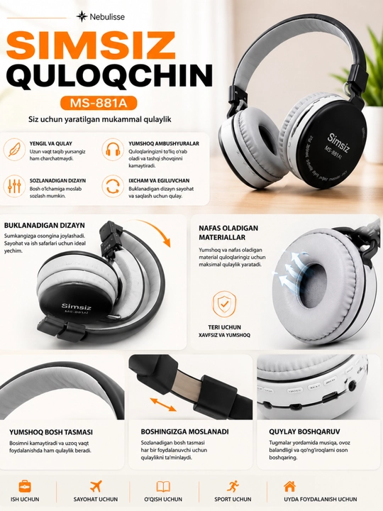 Simsiz quloqchin, naushnik MS-881A Bluetooth 5.3, TF karta, FM radio, mikrofonli