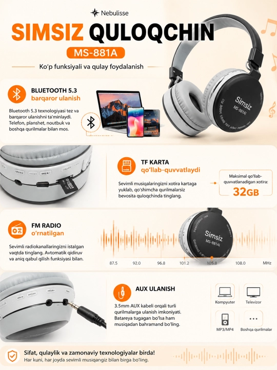 Simsiz quloqchin, naushnik MS-881A Bluetooth 5.3, TF karta, FM radio, mikrofonli