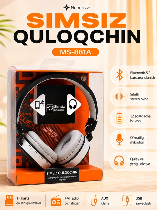 Simsiz quloqchin, naushnik MS-881A Bluetooth 5.3, TF karta, FM radio, mikrofonli