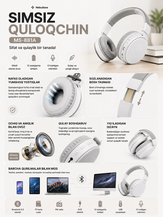 Simsiz quloqchin, naushnik MS-881A Bluetooth 5.3, TF karta, FM radio, mikrofonli
