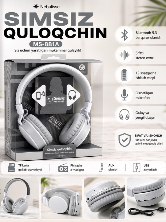Simsiz quloqchin, naushnik MS-881A Bluetooth 5.3, TF karta, FM radio, mikrofonli
