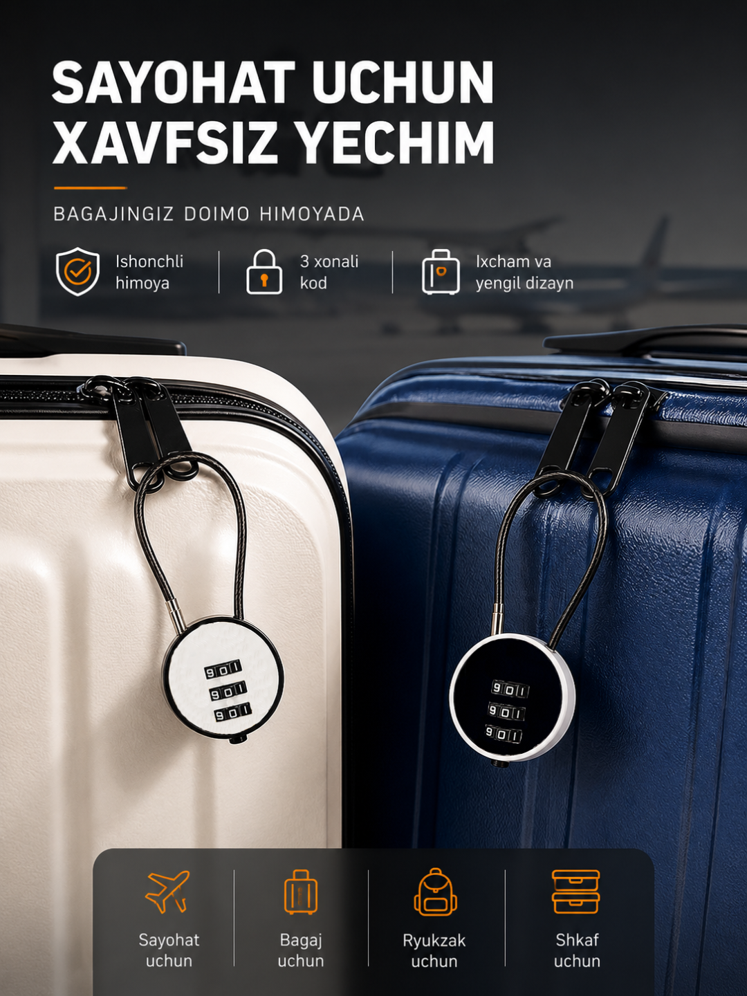 Kodli qulf, 3 xonali parolli qulf, bagaj va ryukzak uchun xavfsizlik qulfi