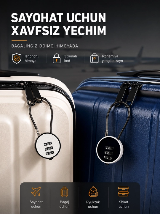 Kodli qulf, 3 xonali parolli qulf, bagaj va ryukzak uchun xavfsizlik qulfi