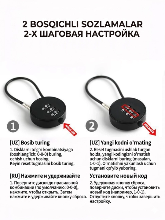 Kodli qulf, 3 xonali parolli qulf, bagaj va ryukzak uchun xavfsizlik qulfi