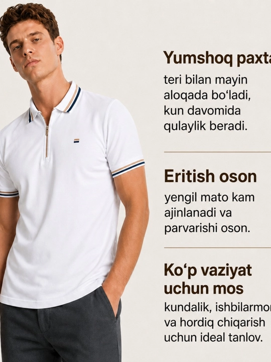 Erkaklar uchun polo futbolka – qisqa yengli, zamonaviy dizayn, kundalik va klassik uslub