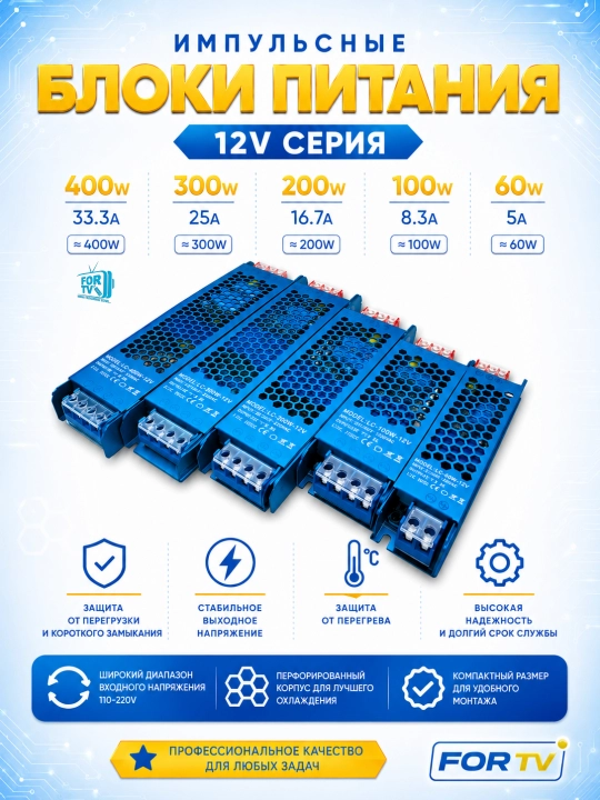 Импульсный SLIM компактный блок питания 12В-60 100 200 300 и 400Вт. Для LED ламп и экранов - 