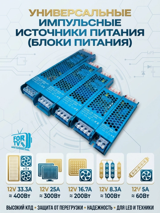 Impulsli SLIM blok pitaniya 12Volt 60 100 200 300 va 400W. Yupqa (ixcham)Ta'mminot manbai