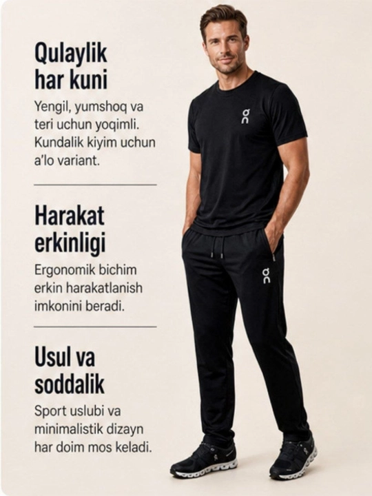 Erkaklar uchun sport kostyumi – futbolka va shim to‘plami, 100% paxta, kundalik kiyim