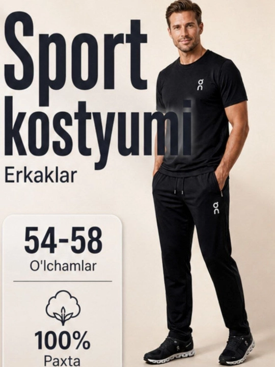 Erkaklar uchun sport kostyumi – futbolka va shim to‘plami, 100% paxta, kundalik kiyim