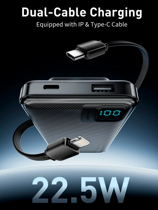 Power Bank Ven-Dens VD-PB060, 22.5W Быстрая Зарядка, Встроенные Кабели Lightning и Type-C