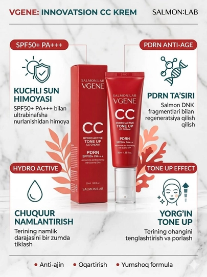 VGENE PDRN CC Cream SPF50+ PA+++ – yuz uchun ton beruvchi quyoshdan himoya kremi - 