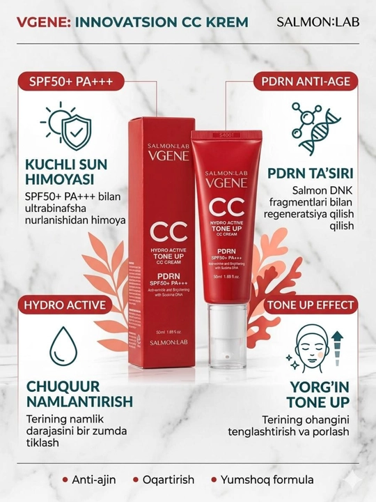 VGENE PDRN CC Cream SPF50+ PA+++ – yuz uchun ton beruvchi quyoshdan himoya kremi - 