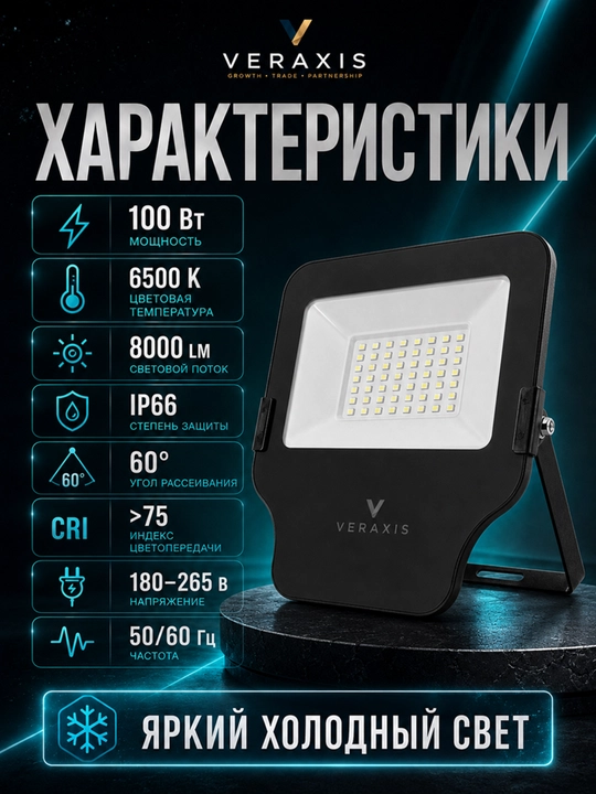 ELT Cosmic 100Vt IP66 6500K ko‘cha LED projektor, qora