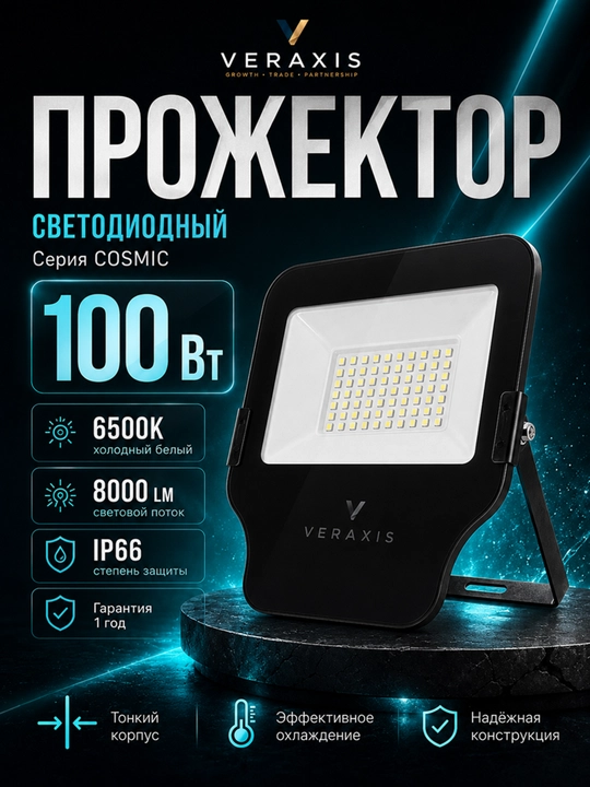 ELT Cosmic 100Vt IP66 6500K ko‘cha LED projektor, qora