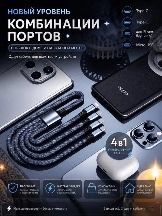 4 ta 1 da zaryad kabeli, 240W tez zaryadlash, Type-C / Lightning / Micro USB