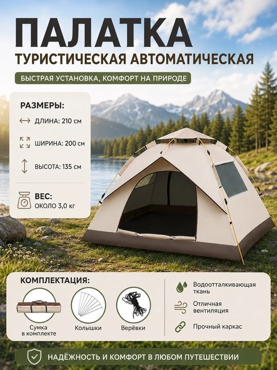 Kemping va piknik uchun avtomatik turistik chodir, 3-4 o‘rinli