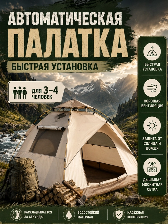 Палатка туристическая автоматическая для кемпинга и пикника, 3–4 места - 