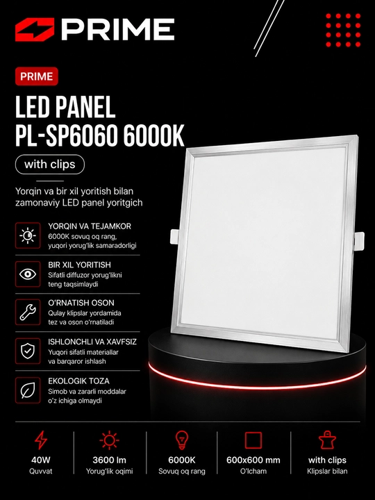 LED PANEL PL-SP6060 6000K yoritgichi (kliplar bilan) - 