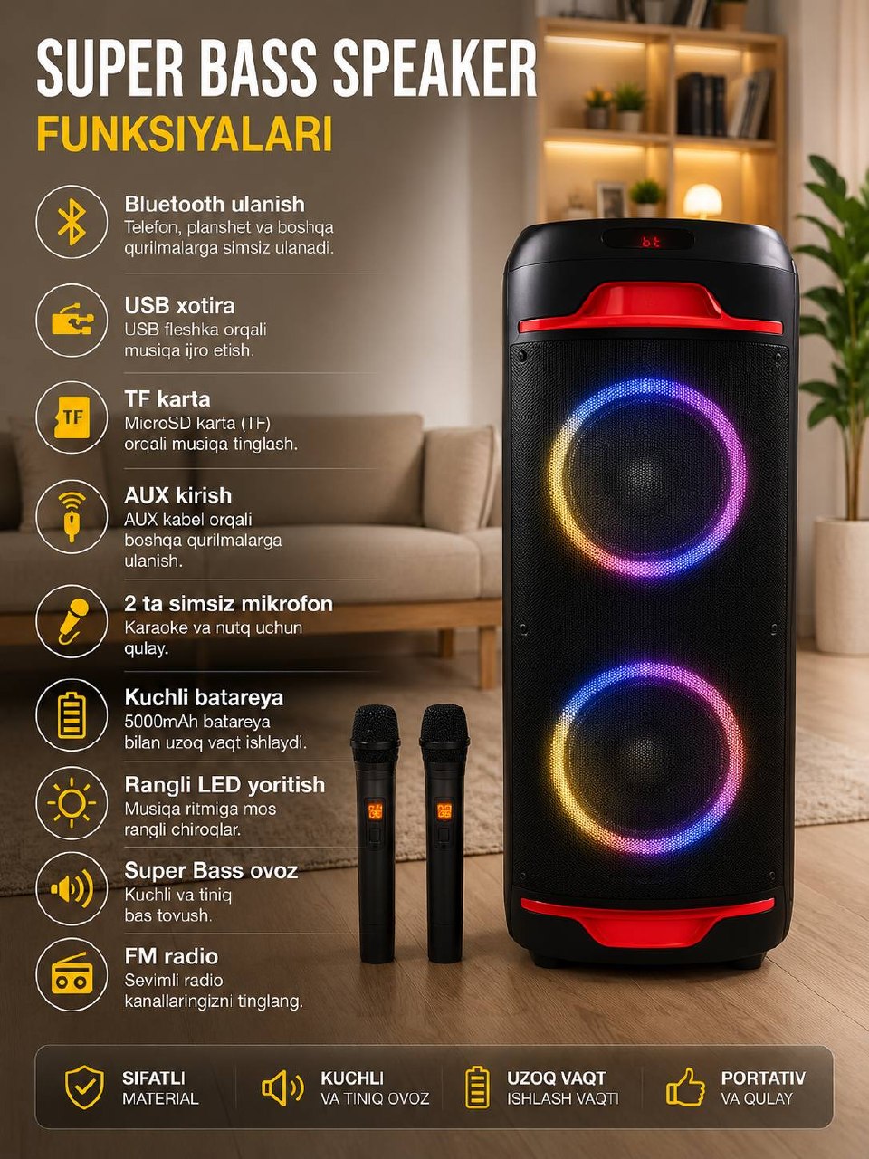 Колонка bluetooth, караоке колонка, колонка с микрофоном, party speaker, акустика - 