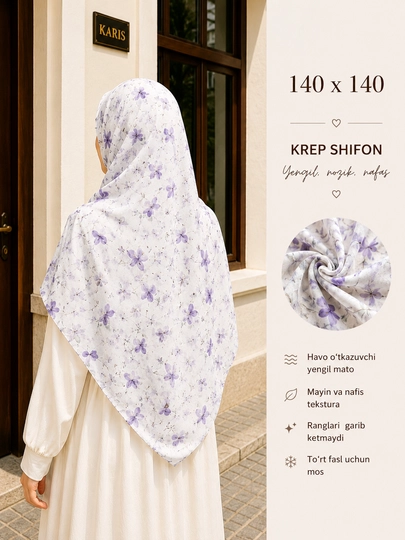 Ayollar ro‘mollari, krep-shifon, manzara ro'mol matosi harir, hijob, 120×120, 140×140 sm, Misr
