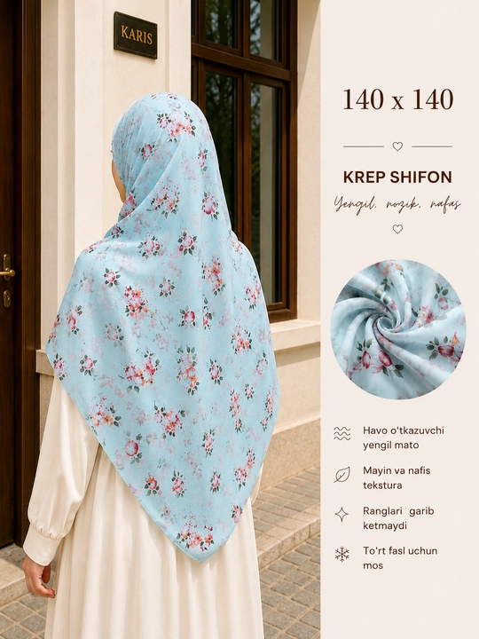Ayollar ro‘mollari, krep-shifon, manzara ro'mol matosi harir, hijob, 120×120, 140×140 sm, Misr