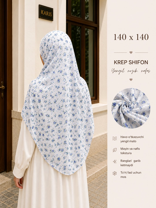Ayollar ro‘mollari, krep-shifon, manzara ro'mol matosi harir, hijob, 120×120, 140×140 sm, Misr