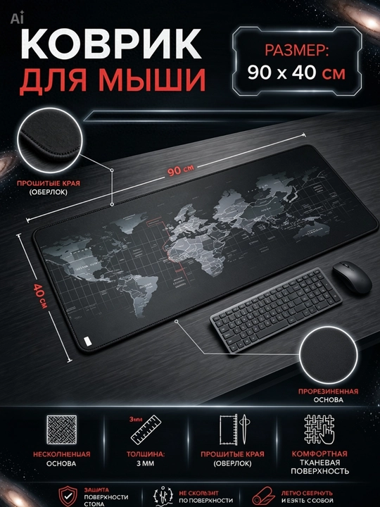 Игровой - офисный коврик для мыши, большой mouse pad, размер 90 × 40 × 3 - 