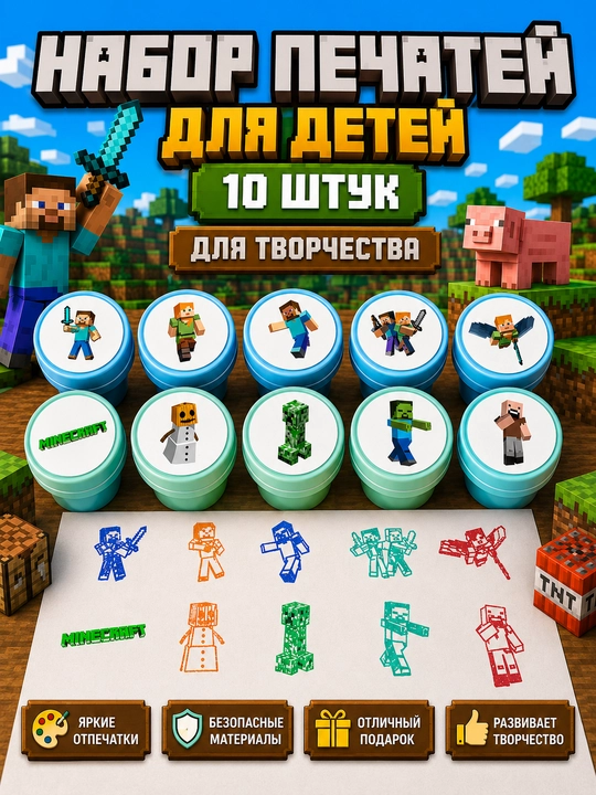 Набор печатей для детей, 10 штук, в стиле Minecraft - 