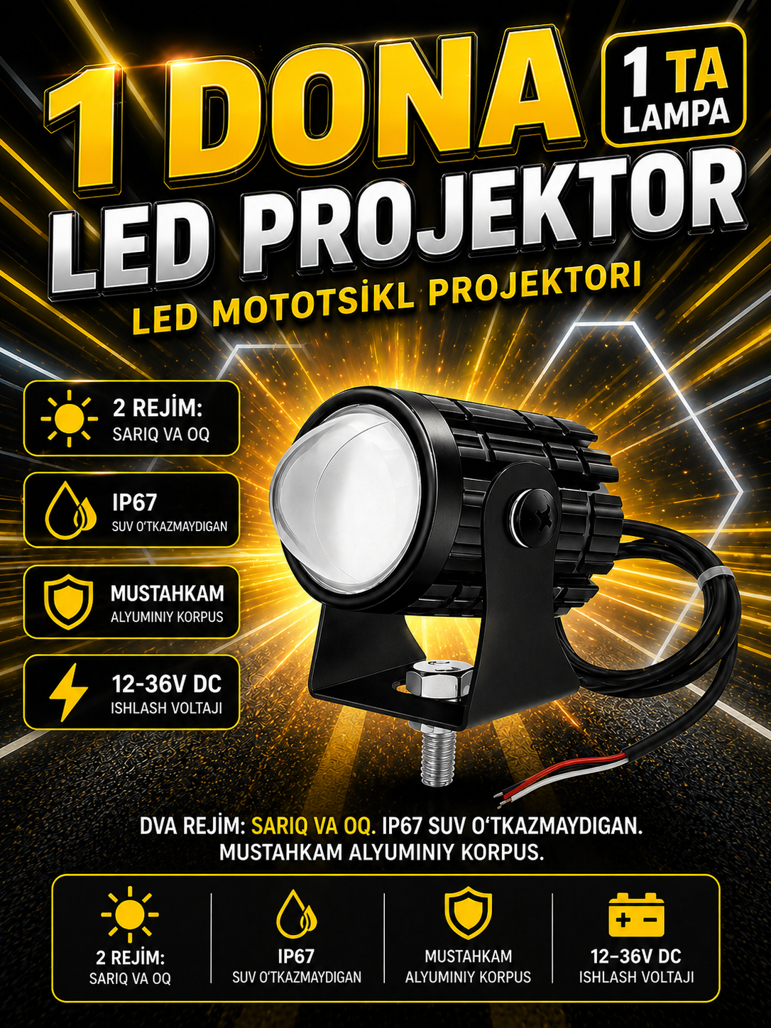 Дополнительная LED фара для мотоцикла, яркий свет, универсальное крепление - 
