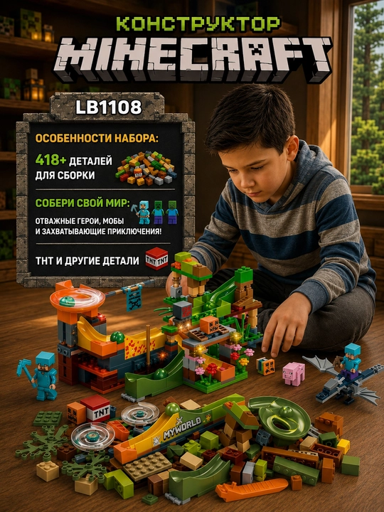 Конструктор Minecraft LB323 с шариковой трассой и фигурками, 578 деталей, подарок внутри