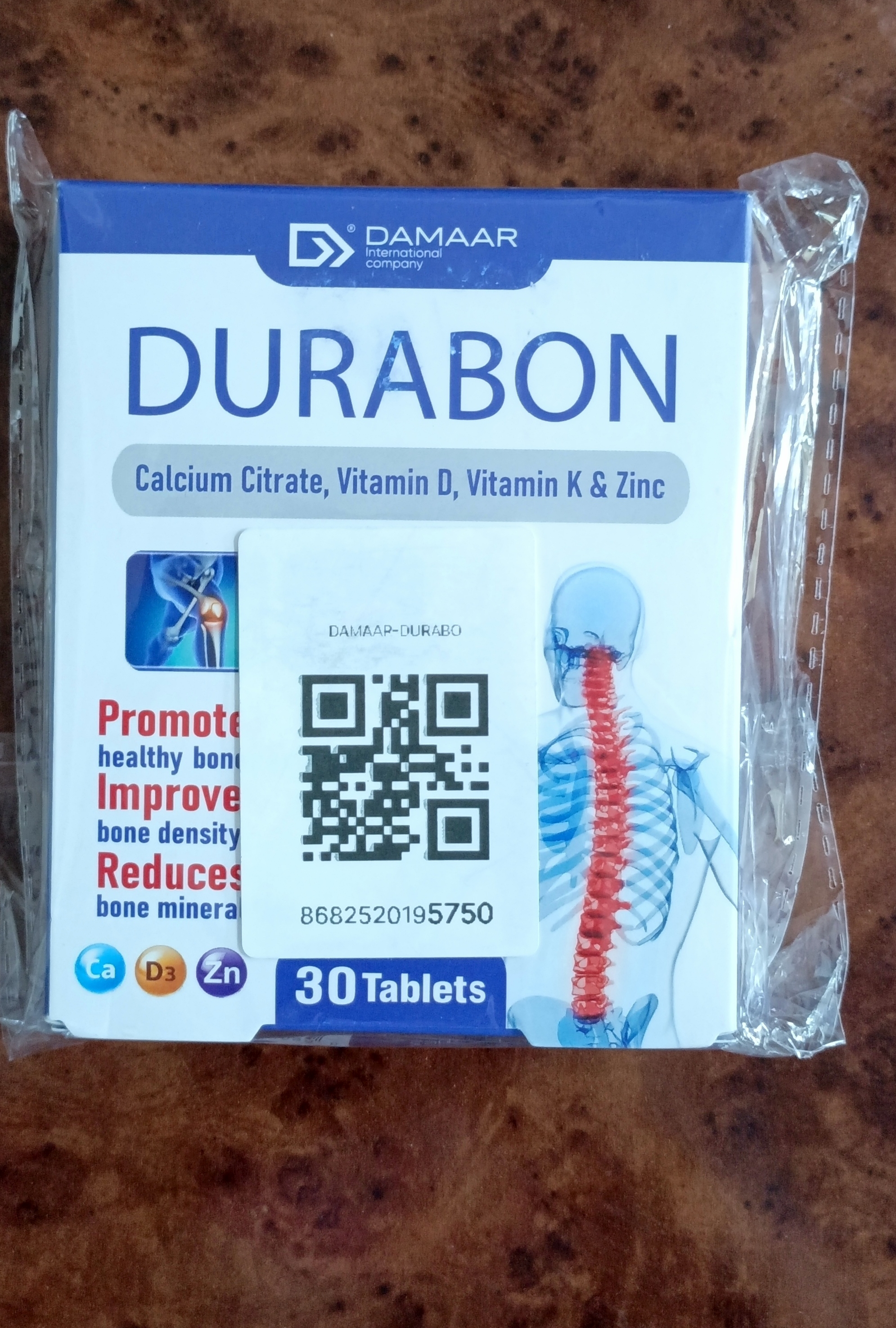 Kalsiy, vitamin D3, K2 va sink suyaklar va bo'g'imlar uchun, Damaar Durabon, 30 ta tabletka