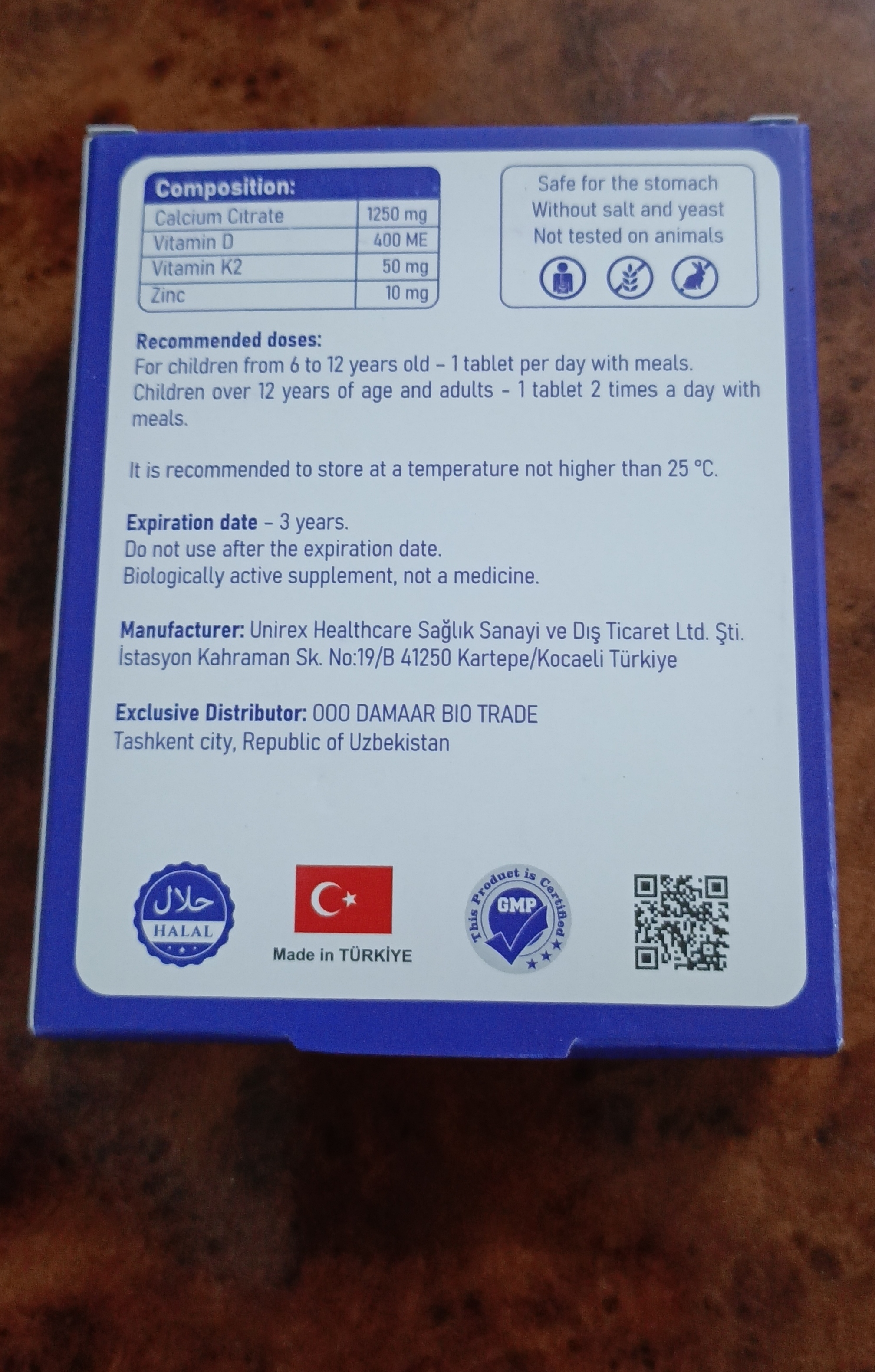 Kalsiy, vitamin D3, K2 va sink suyaklar va bo'g'imlar uchun, Damaar Durabon, 30 ta tabletka