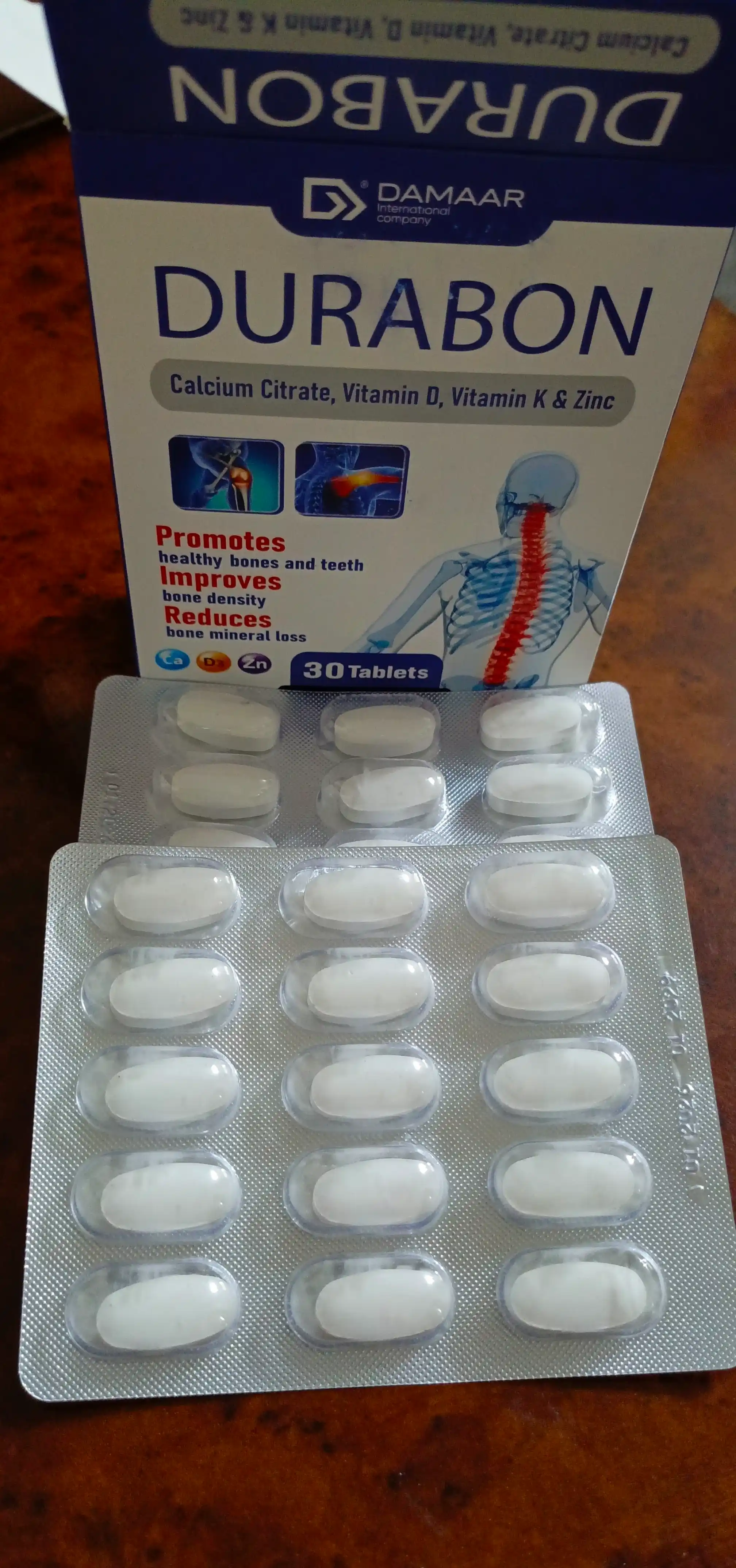 Kalsiy, vitamin D3, K2 va sink suyaklar va bo'g'imlar uchun, Damaar Durabon, 30 ta tabletka