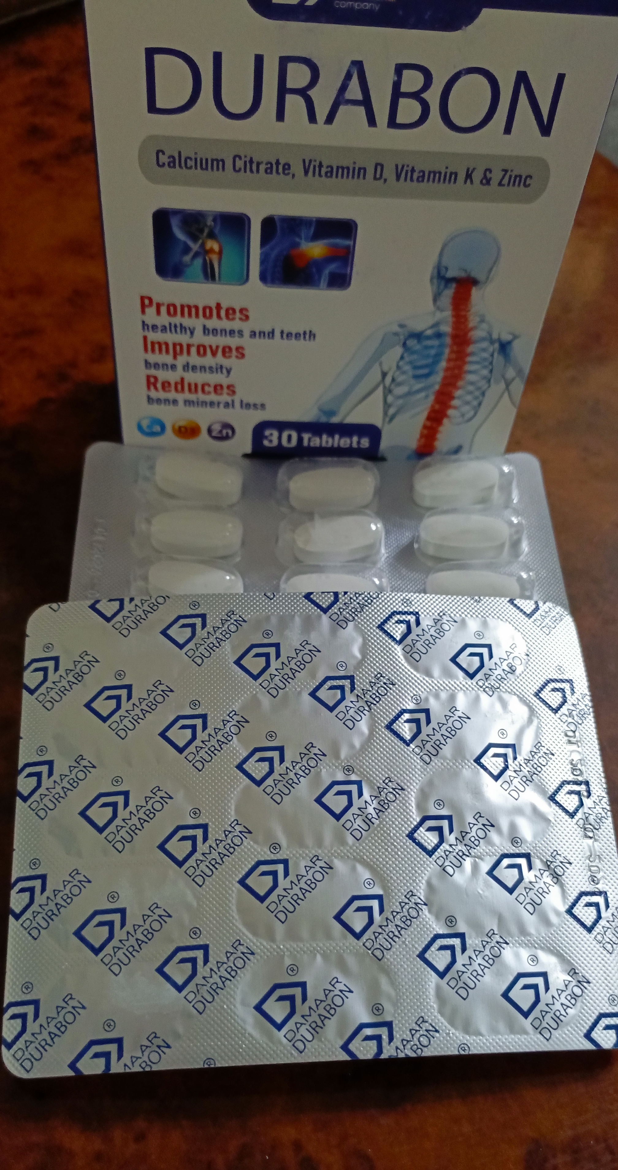 Kalsiy, vitamin D3, K2 va sink suyaklar va bo'g'imlar uchun, Damaar Durabon, 30 ta tabletka