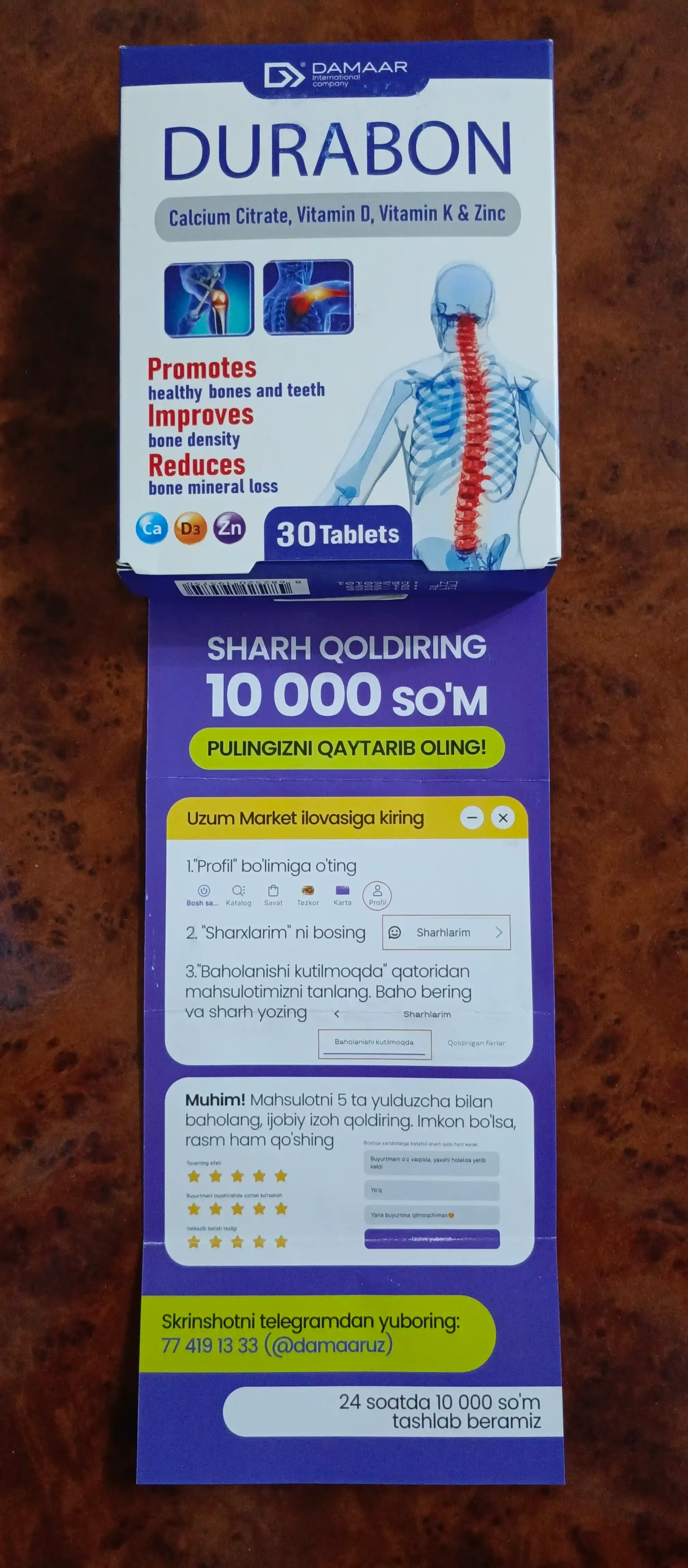Kalsiy, vitamin D3, K2 va sink suyaklar va bo'g'imlar uchun, Damaar Durabon, 30 ta tabletka